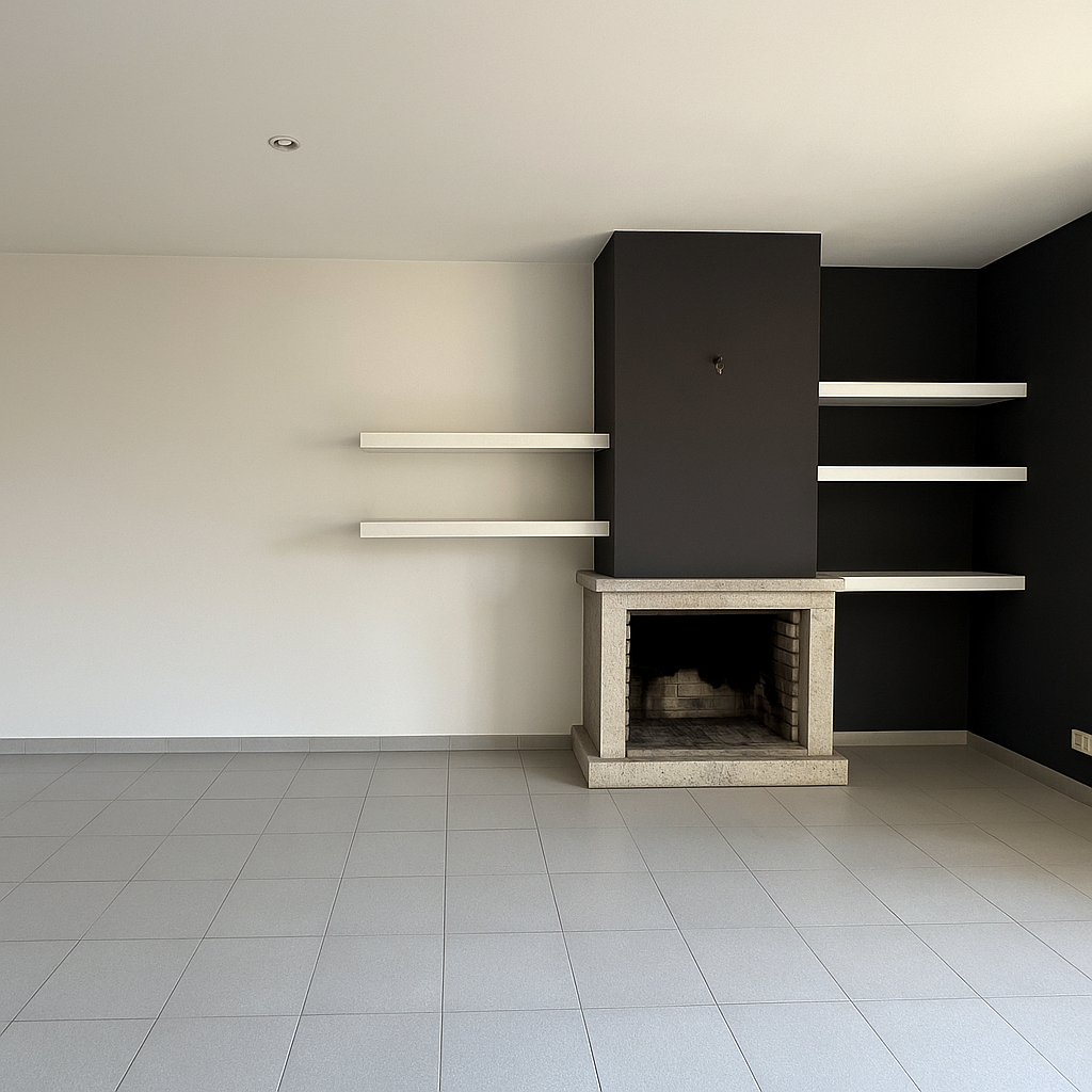 [Imagen del comedor actual con chimenea]