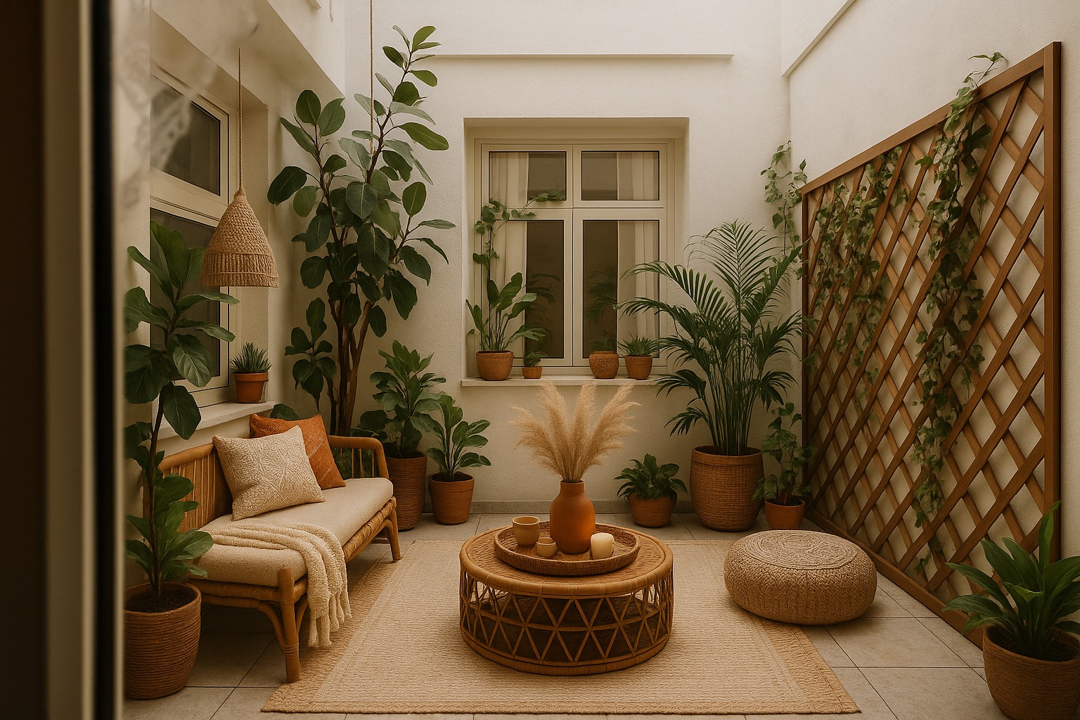 [Imagen de patio interior con muebles de mimbre y plantas reformado]